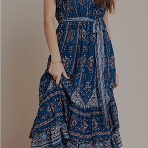 Anthropologie 1X Blue Boho Maxi Dress Tiered Ruffle Sleeveless Belted